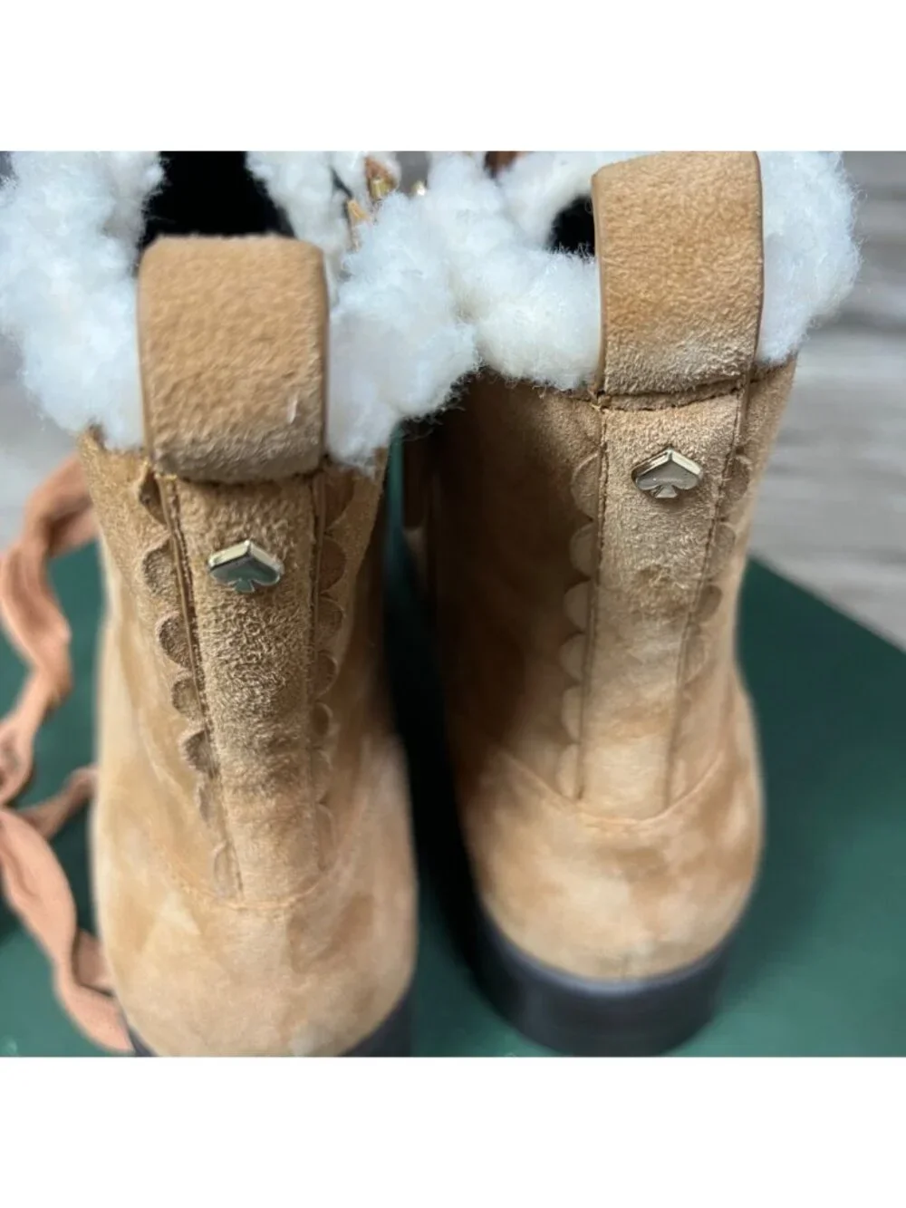 Kate Spade Raegan Classic Saddle Lace Up Boots Faux Fur NIB Brown Women’s Sz 7